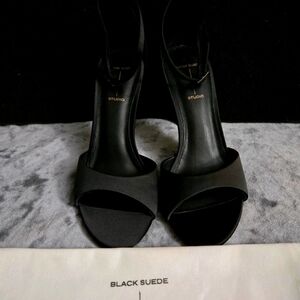 Black Suede Studio Josey 100 Black Satin Rose Heel Size 11 MSRP $328